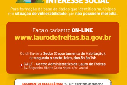 Em Lauro de Freitas, cadastro habitacional poderá ser realizado online a partir da próxima segunda-feira (15)