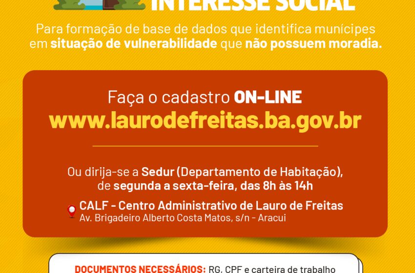 Em Lauro de Freitas, cadastro habitacional poderá ser realizado online a partir da próxima segunda-feira (15)
