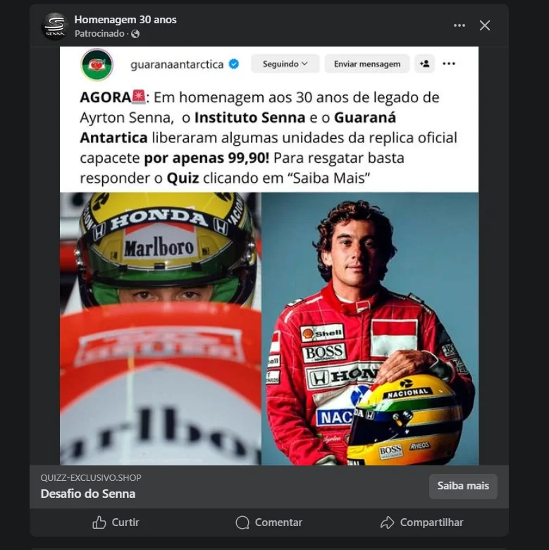 Promoção fake sobre réplica de capacete de Senna usa IA com imagens de famosos para aplicar golpe
