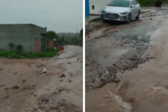 Rua do Limoeiro alagada por terraplanagem em obra