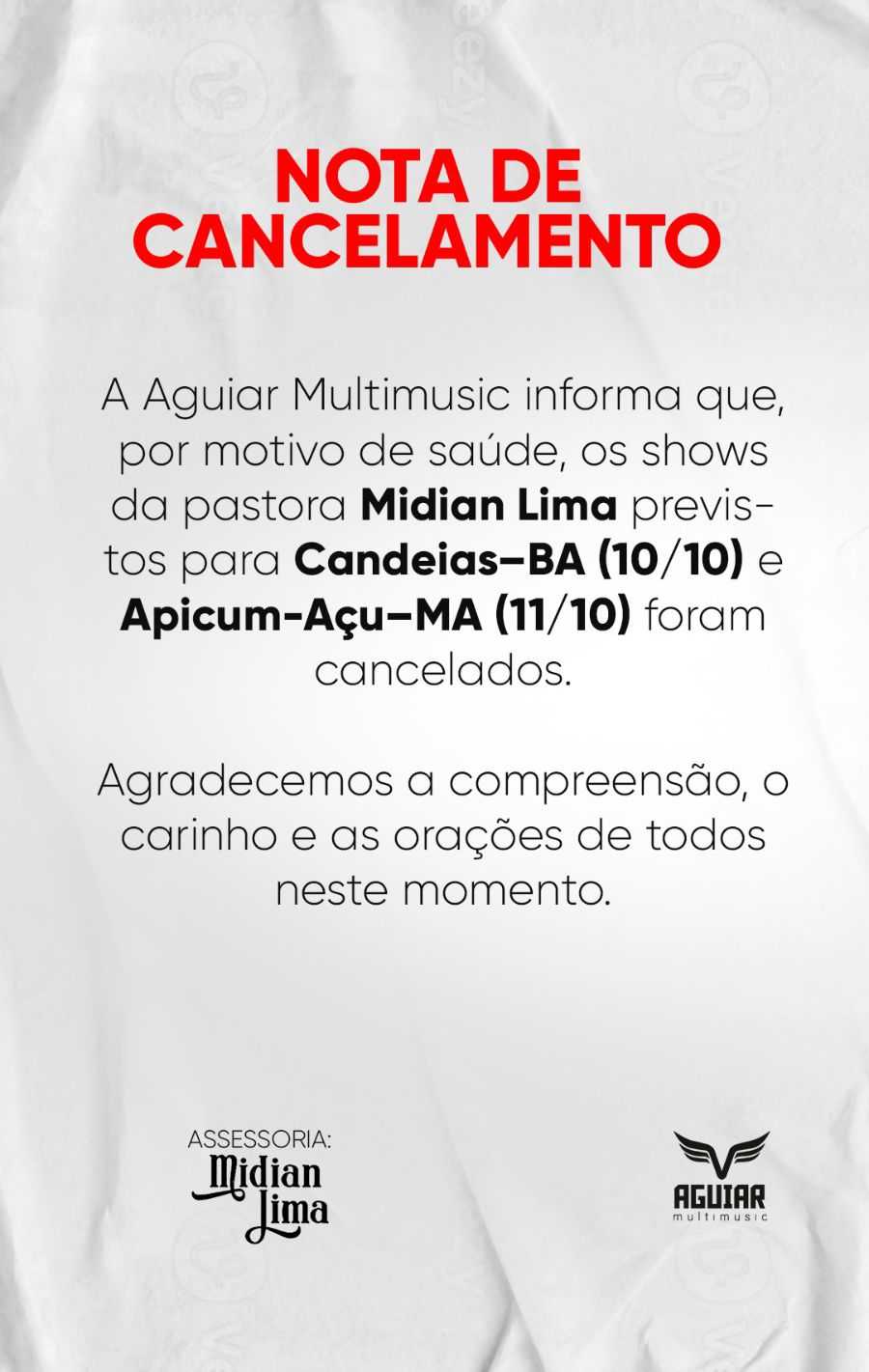 Midian Lima cancela show na Semana Evangélica devido a saúde debilitada