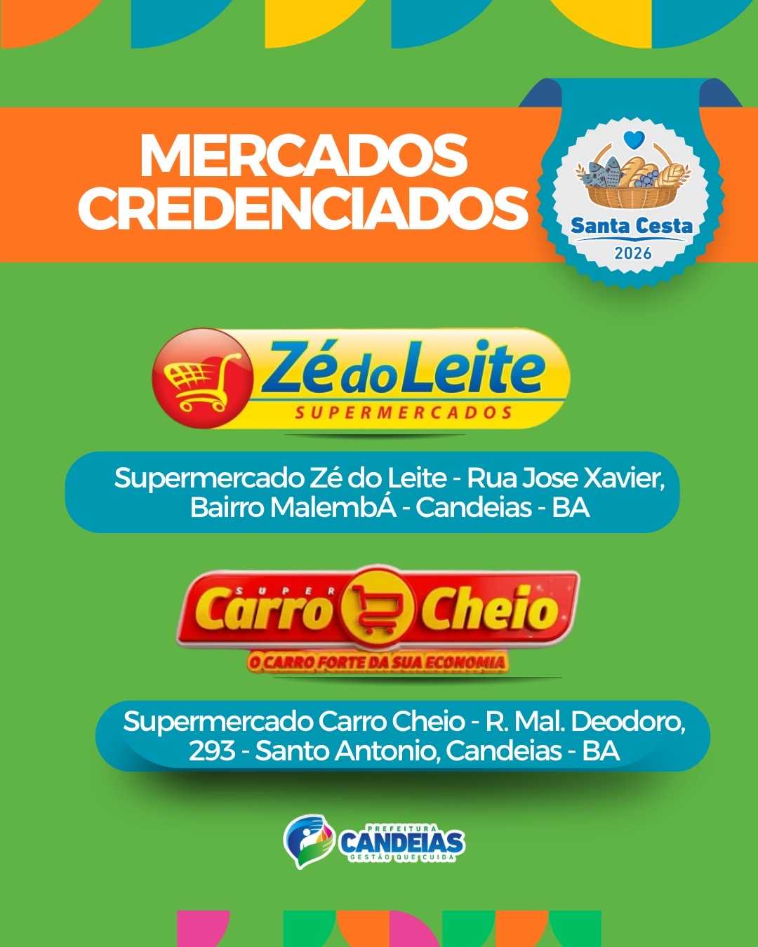 Prefeitura de Candeias divulga supermercados credenciados para receber tickets da Santa Cesta