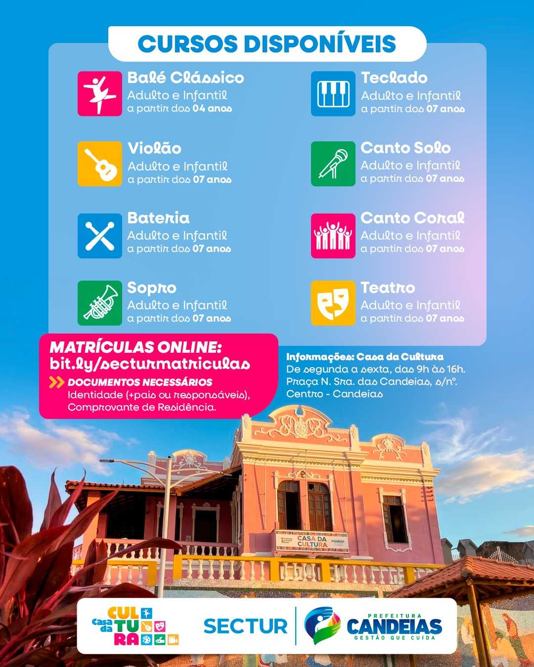 SECTUR de Candeias abre inscrições para cursos gratuitos de arte e cultura